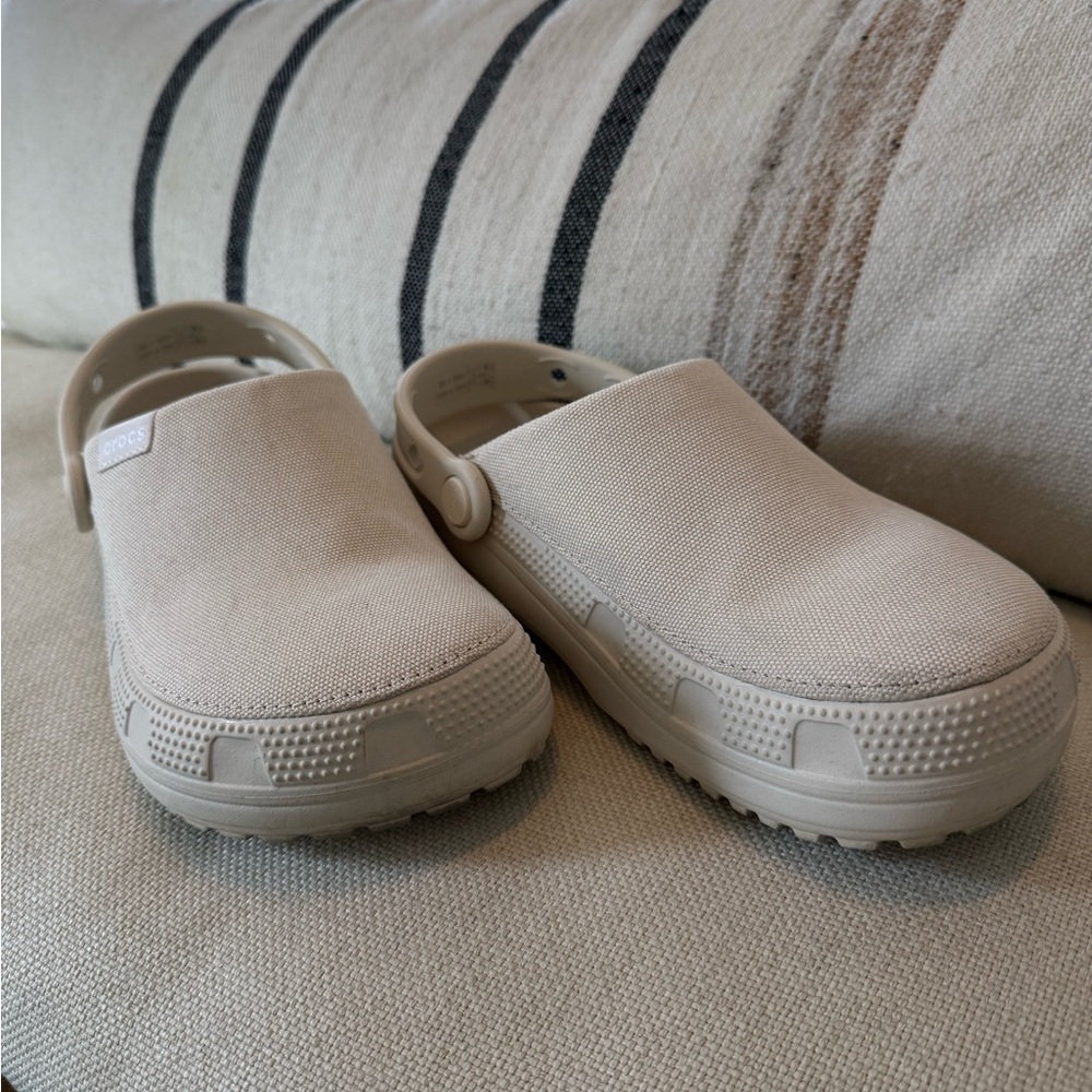CROCS Canvas Slip-On Clogs in Stucco, W 7
